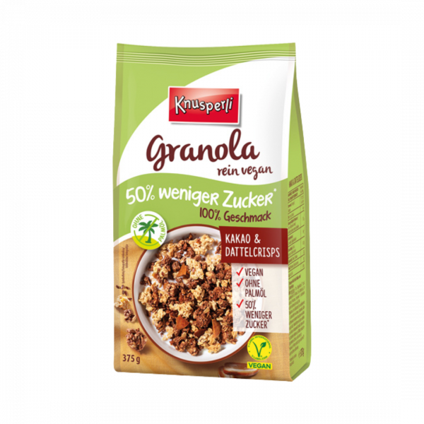 Knusperli Granola Kakao und Dattelcrisps, 50 prozent weniger Zucker, ohne Palmoel, vegan, 375g